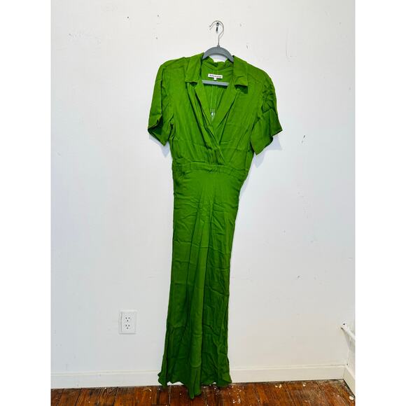 REFORMATION Green Satin Blend Short Sleeve V-Neck Danika A-Line Dress Size M - Picture 6 of 14